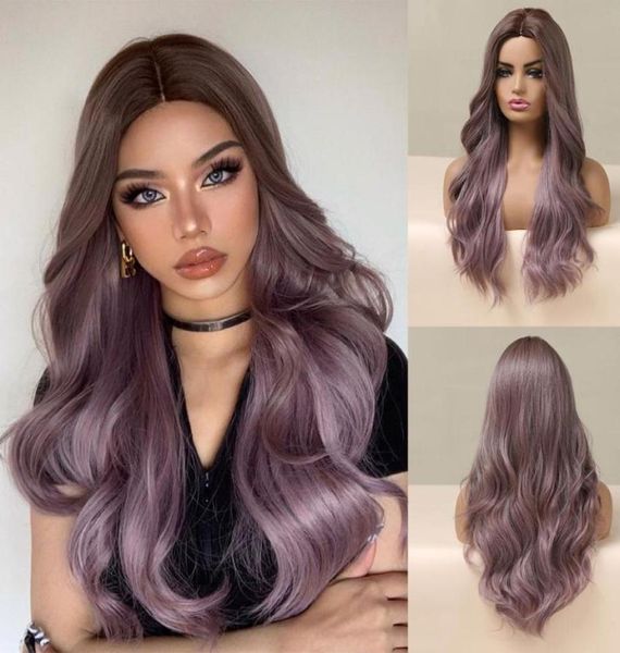 Perucas sintéticas henry margu long ondulada ombre marrom roxo para mulheres naturais parte do meio cosplay lolita pêlos resistentes ao calor 7939688