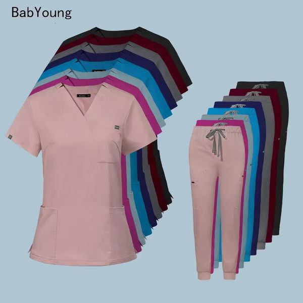 Uniformen für Sommerkrankenschwester Frauen Mode Uniformen kühlen Stoff Kurzarm Peelings Kleidung Pflege elastische Hosen 240412
