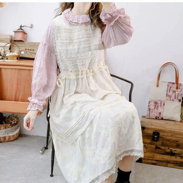 Abiti casuali Donne primavera estate dolci mori kei ragazza sciolta plus size floreali ricamato floreale accogliente cotone maniche