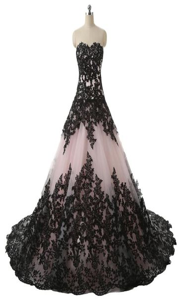 Errötend rosa schwarzes gotisches Ballkleid Brautkleider Schatz Spitzen Applikationen Vintage Brautkleider nicht weiße Hochzeit Colorful6054695