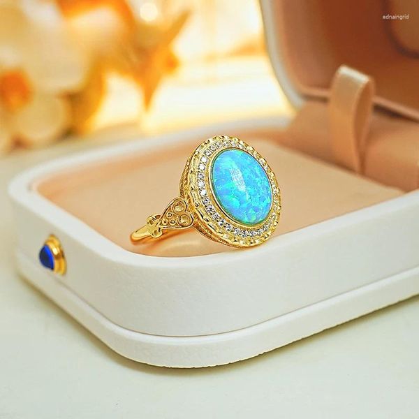 Clusterringe 925 Silberblau Opal Aobao Oval Vintage Mode Ring Set mit hohem Kohlenstoff -Diamantstil -vielseitiger Hochzeit Schmuck