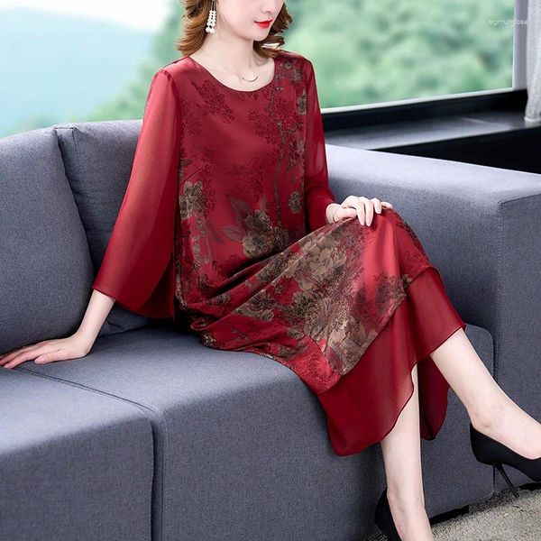 Abiti per feste 2024 Summer Midi Chiffon Red Floral Boho Dress Women Elegant Light Korean Fashion Tunics O-Neck Casual BodyCon Fiesta