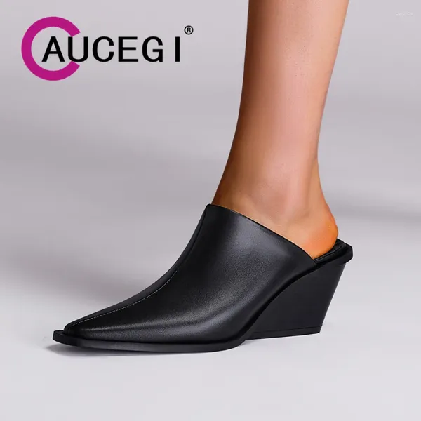 Отсуть обувь Aucegi Большой размер 35-43 Женщины-роскошные мулы повседневные сексуальные острые пальцы на подлинном кожа