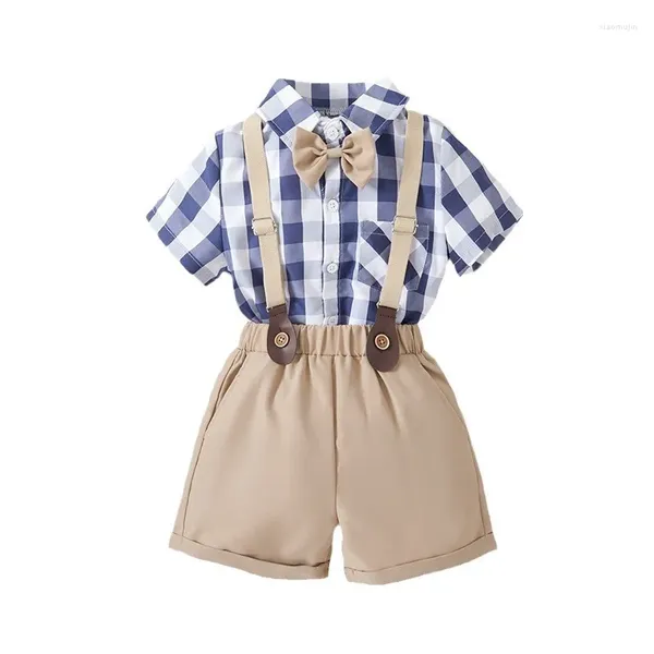 Kleidung Sets Jungen Kleidung Kleinkind Baby Hochzeitsanzug Plaid Shirt Shorts Hosenteil Biege Kinder Kinder kleine Gentleman Sommeranzüge für Performance