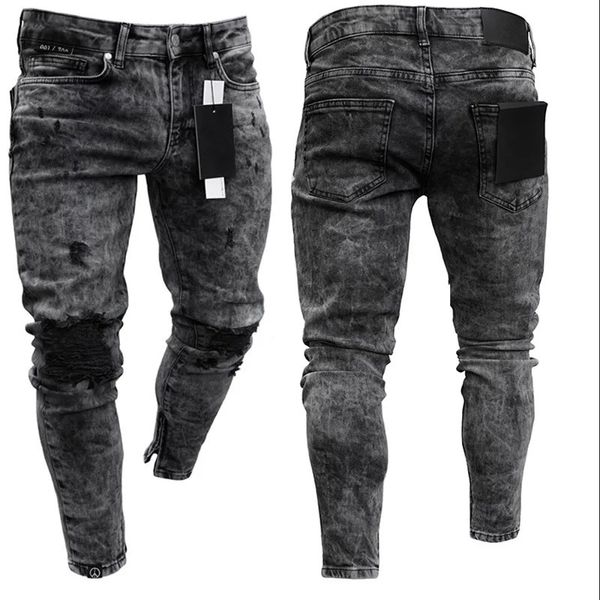 Jeans de bicicleta masculino angustiado Jeans Ripped Biker Men Hip Hop Slim Fit Hole Punk Jeans Zipper puro calças de jeans colorido 240412