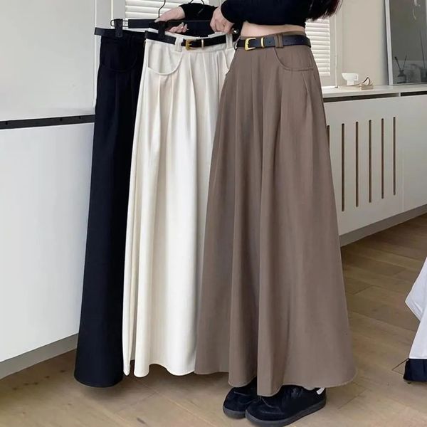 Kadınlar yüksek bel pileli etek zarif alevlendi aline midi cepleri ile moda düz renkli bayan sonbahar 240411 için uzun