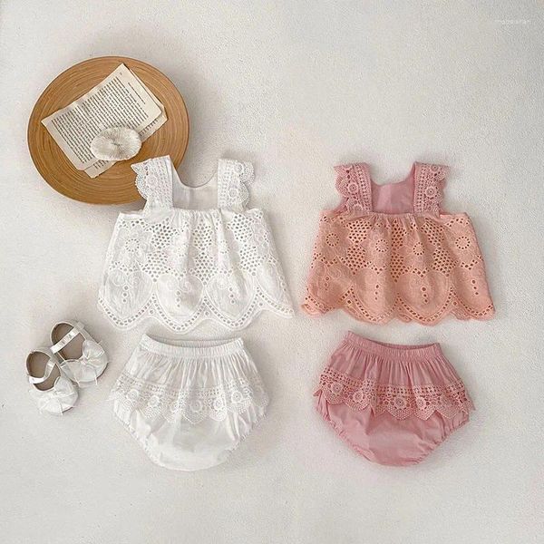 Roupas conjuntos de roupas para bebês de verão definido para crianças suspensórios de renda de renda e bloomer 2pcs terno infantil infantil t-shirt girls roupas