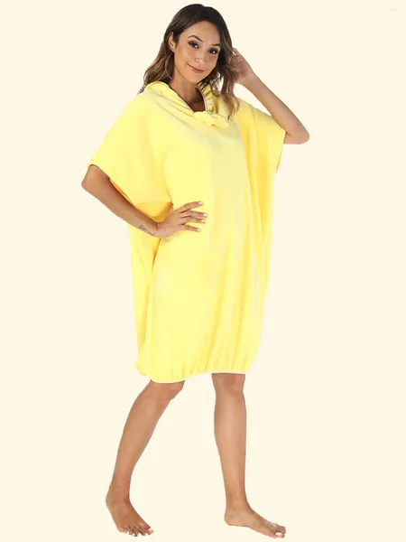 Abbigliamento per il sonno femminile 2024 Summer Giallo Corallo a prua in velluto con cappuccio con cappuccio da bagno indossabile da bagno con cappuccio