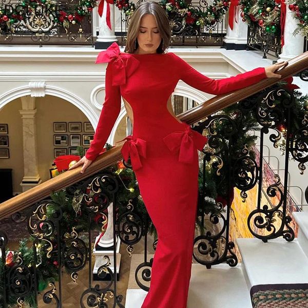 Повседневные платья красное макси -платье без спины с луком с длинным рукавом вырезаны Bodycon Элегантная рождественская вечеринка для женщин 2024