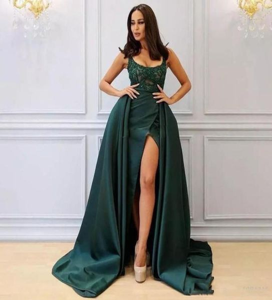 Formelle Saudi -Arabien -Seite Split -Abschlussballkleid mit Überwachung sexy offene quadratische Nacken Applique Perlen Spitzen -Prom -Kleid Meerjungfrau Abend Go8343210