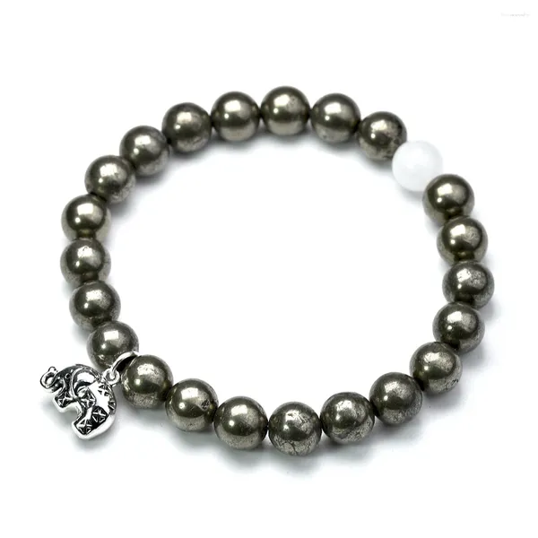 Strand natürlicher Pyritgravierter Perlen Lucky Elephant Charm Armband für Frauen und Männer Tierelemente 8mm