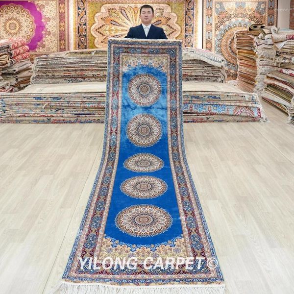 Carpets 3'x10 'Persa Silk Gallery Runner azul requintado Tapete Oriental de Mão com Mão (TJ345A)