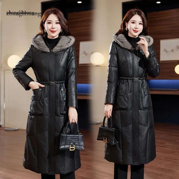 0C A058601 Mulheres Down Down Parkas Maxi King Genuíno Casaco de Couro Genuíno Minque Pur Long Moda Moda Capacada