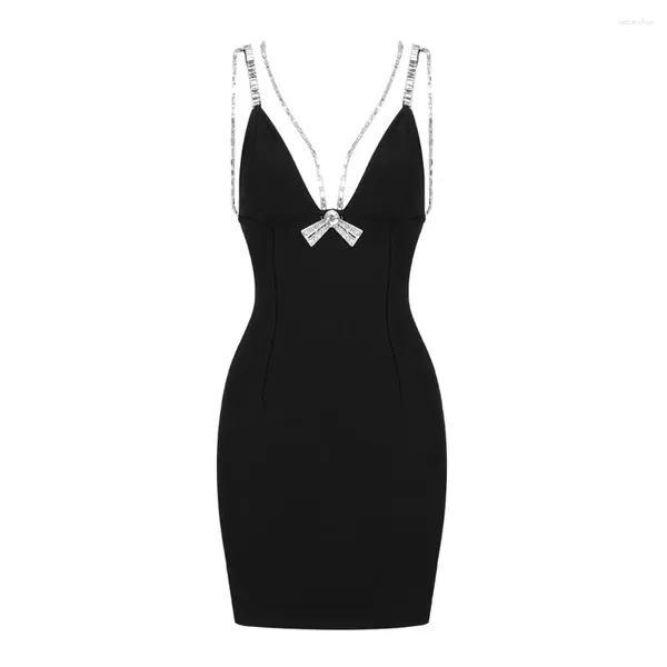 Vestidos casuais 2024 Summer Black Rhinestone Women Slip Vestre V Dress V Volta Vacada Sexy Lady Mini