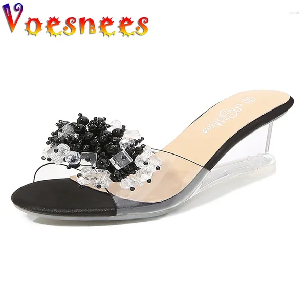 Slippers voesnees cunhas Mulheres 2024 Verão string strass strass clear saltos altos 6 cm de cristal não deslizamento Sapatos femininos