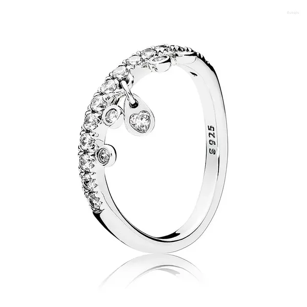 Rings de cluster autênticos 925 Sterling Silver Pan Ring lustre gotículas com Crystal for Women Wedding Party Gift Jóias finas