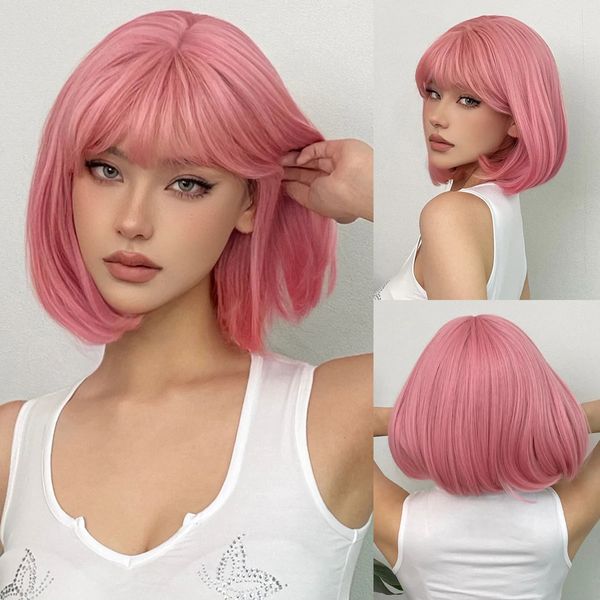 Pembe kısa bob düz sentetik peruk cosplay için patlamalar ile lolita beyaz kadınlar için sahte saç doğal peruk yüksek sıcaklık 240412