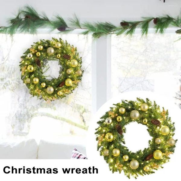 Flores decorativas Christmas Wreath Pident With Light Lights Pine Cre Design vibrante cor realista Porta da frente Garland pendurada Ornamento