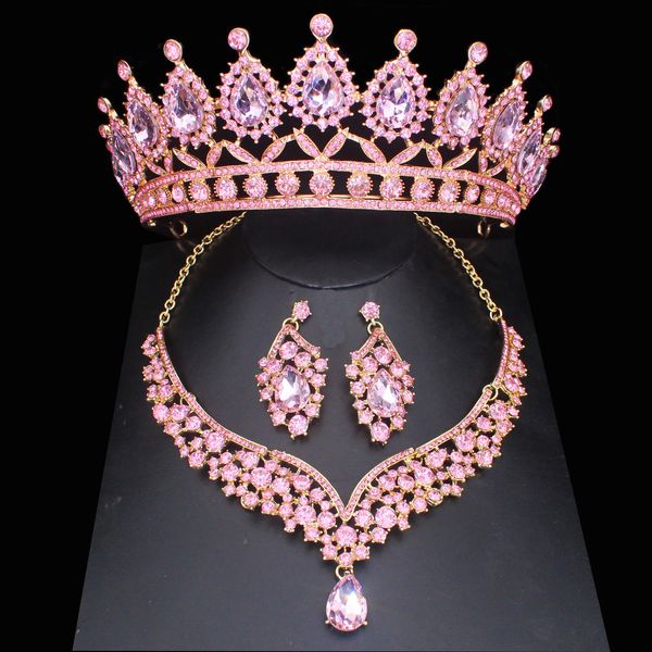 Jóias de jóias de cristal rosa conjuntos de jóias para mulheres Princesa Tiara/Brinco de Coroa Colar de Colar Colares Promoção de Jóias de Prom