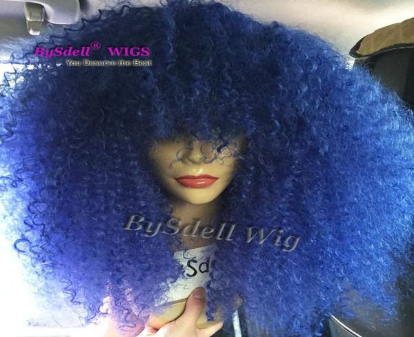 Blue Hair Perücke synthetische Afro versaulte lockige Haarspitze vorne Perücke Diamant Blau Farbe Matt Faser ahnungslose Spitzen -Vorderperücken für schwarze Wome8215679