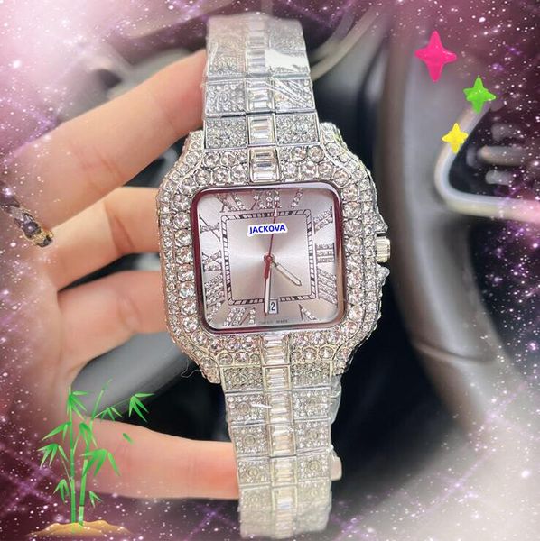 Präsident Cool Mens Square Römisch -Panzer -Zifferblatt Uhren Auto -Tag -Datum Shiny Starry Clock Japan Quarz Bewegung Drei Stiches Designer Diamonds Ring Armband Uhr