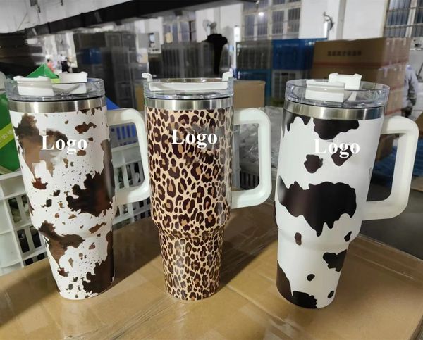 40oz de copos de copos de aço inoxidável com tampas e palha chita de vaca estampa de leopardo preservação de calor canecas de carro de grande capacidade com o logotipo i0414