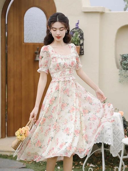 Vestidos de festa Verão Cottagecore Prind Floral Dress Woman Woman vintage Romântico Lace Petal Sweet Lady Lady Casual Robe Fleurie Femme