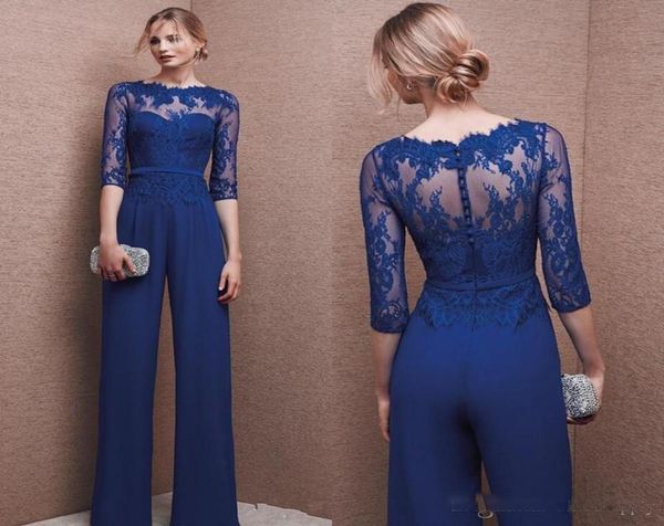 2017 Plus Size Royal Blue Pant Anzug Abendkleid mit Spitzenärmel Mutter Jumpsuit Chiffon Cocktail Party Mutter der Brautkleid Cu2829539