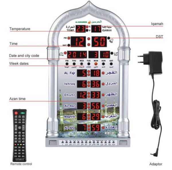 Mesquita Digital Mesquita Relógio de Oração Islâmica Mesquita Azan Calendário Muçulmano Relógio da parede do relógio de parede Ramadã Controle remoto Suporte CSV H11224023