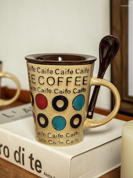 Canecas de 350ml caneca de cerâmica retro com tampa e colher de estilo americano xícara de café ou xícaras de lojas água criativa