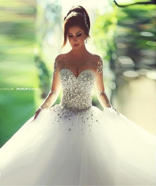 Saidmhamad Sheer Sweetheart Heavy Crystals Ballkleider Langarmes Hochzeitskleid in Stock Brautkleid Vestido de noiva7691169