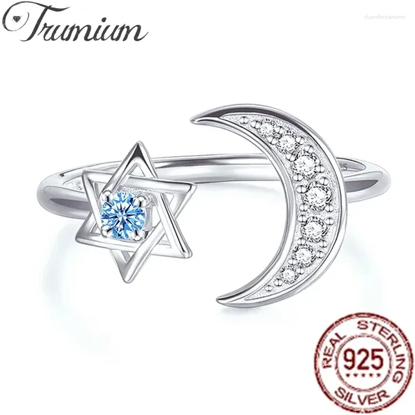 Küme Yüzükleri Trumium Yıldızı David Ring Ayarlanabilir 925 STERLING Gümüş Mavi Zirkon Yahudi Moon Hexagram Mücevher Hediyesi Anne Karısı