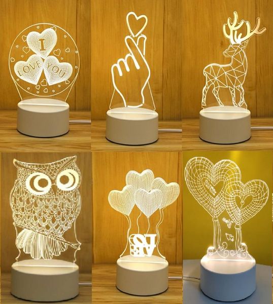 USB Power Night Light LED Gadget Deer 3d Eiffel Tower Acrílico mesa Decoração do quarto da mesa Presente de lâmpada branca quente Decorações de Natal 4622783