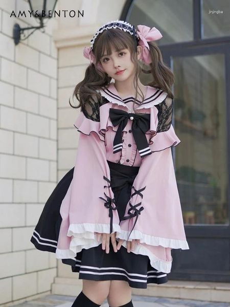 Camicette da donna giapponese dolce simpatico marinaio da marinaio manica bagliore femmina donne miniera di pizzo prodotto in serie camicia arruffata kawaii lolita