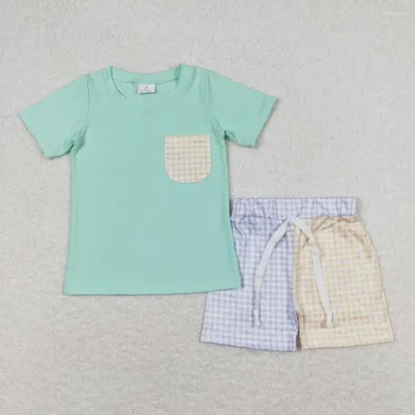 Kleidungsstücke Minzgrüne Baumwolle weiche kurzärärmische lila-gelbe Plaid Patchwork Shorts Baby Boy Set