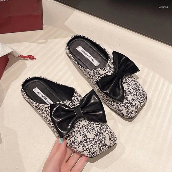 Slippers Print Dardy Bow Flats Женщины мулы квадратные носки повседневные сандалии 2024 Летние шлепанцы Дизайнер Mujer Zapatos Slides