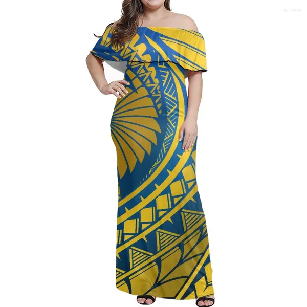 Partykleider außerhalb der Schulter Langes Kleid Polynesien Stammesmuster Drucken gelber Rock 2024 Stil Eleganter Sommer-Frauenkleidung