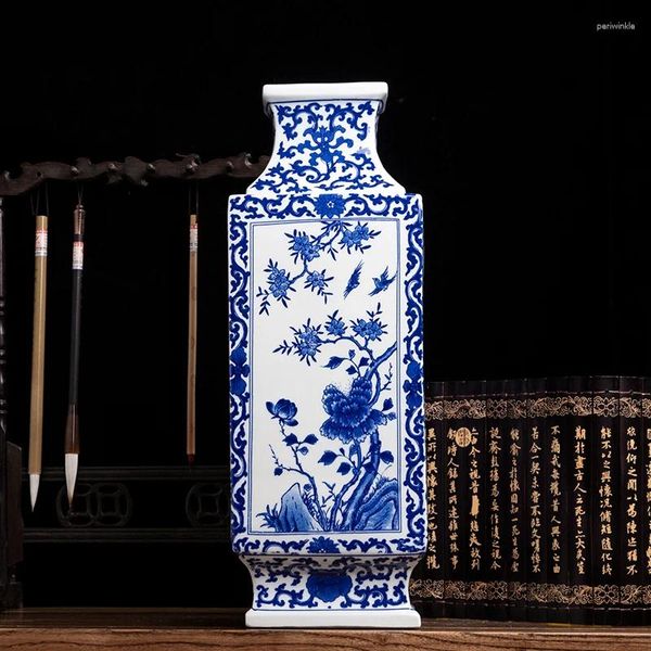 Vasen Chinese Blau und Weißes Quadrat herkömmliche antike Tischsammler Vase