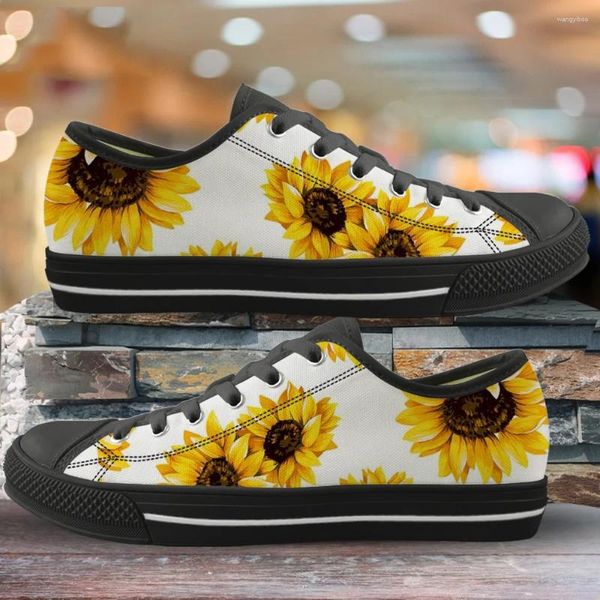Sıradan ayakkabılar güzel sarı çiçek ayçiçeği spor ayakkabıları kadın için düşük üst beyaz tuval tasarımcı bayanlar artı 44