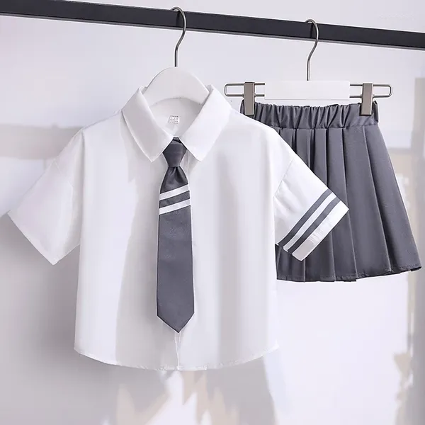 Roupas conjuntos de roupas de verão para crianças vestidos de roupas JK Escola de estudante Tshirts de lapela e saias plissadas de traje de menina com roupas de fundo superior