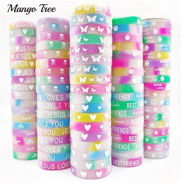 50pcslot Multicolor Silicone Night Glow Braccialetti luminosi per donne Mescole Milk Style Butterfly Gesù Skull Wristband Jewelry 2207157485351