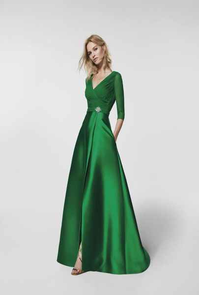 Зеленое элегантное aline vneck вечернее платье шифоновое топ -атласные платья для вечеринок 34 рукава складки vback выпускное платье сплит fr5659717