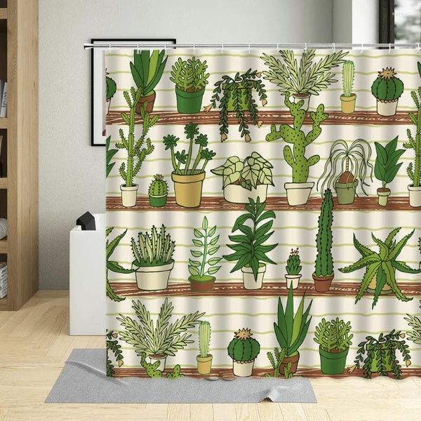 Cartoni da doccia Cartoni animati Cactus Decorazioni per bagno impermeabili succulenti in poliestere in poliestere in poliestere con 12 ganci