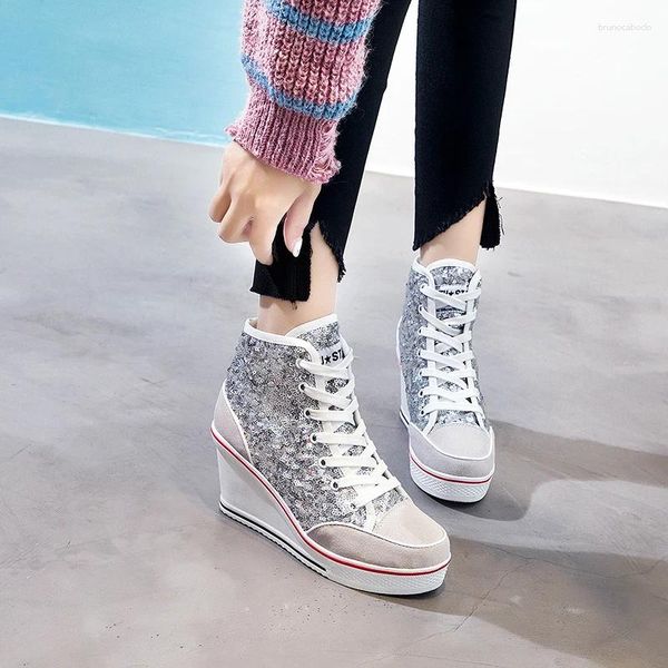 Sapatos casuais 35-43 Sexy 8cm Women Wedges Badge High Platform Platform Woman Trainers Sapatadores de sapatos Glitter de lona