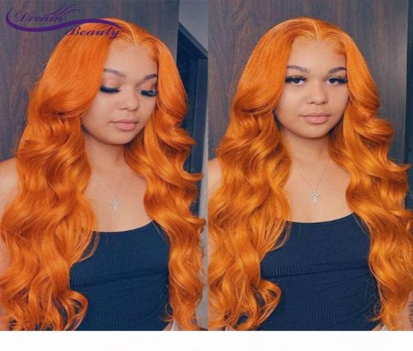 Cor de gengibre laranja 13x6 dianteira pré -arrancada ondulação brasileira de cabelo humano sem fúria 180 densidade Remy Lace Frontal Wigs7364140