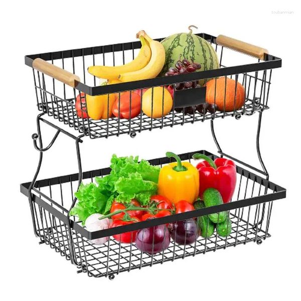 Cesta de frutas de armazenamento de cozinha para bancada de bancada Organizador de frutas de vegetais com 2 cabides de banana