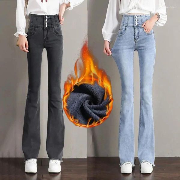 Jeans feminino inverno quente 93-104cm jeans calça de jeans super cintura alta e veludo flare coreana moda grossa sino garoto skinny vaqueros