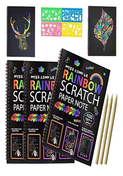 Libro di scratch Art Art Articolo Magic Rainbow Scratch Paper Notebook con Wooden Stylus Kids Notes Boards Game Game Gioco di compleanno 1034150040