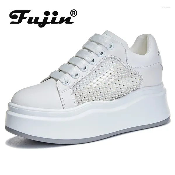 Sapatos casuais Fujin 7,5 cm plataforma sintética cunha plana de ar malha de malha robusta couro de couro confortável High Brand Spring Lace Up Summer