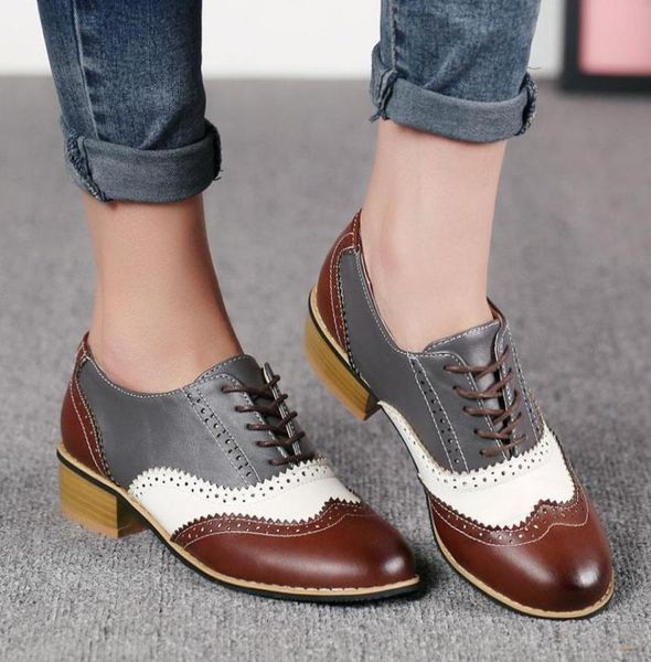 Kleidungsschuhe Frauen039s Low Square Heel Single Laceup College Wind Leisure Oxford Retro Round Toe Brogue7902432